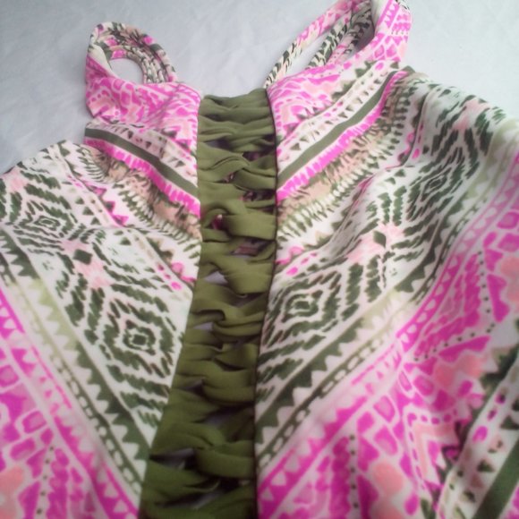 Time And Tru Swim Top M 8-10 Cut-Out Strappy Green Pink - Picture 7 of 14
